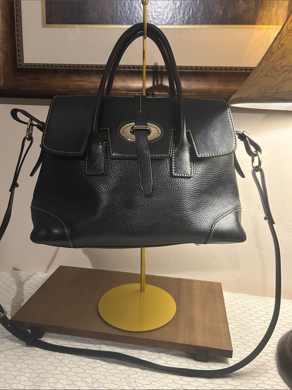 Dooney & Bourke Black Pebbled Leather Satchel with Contrast Stitching